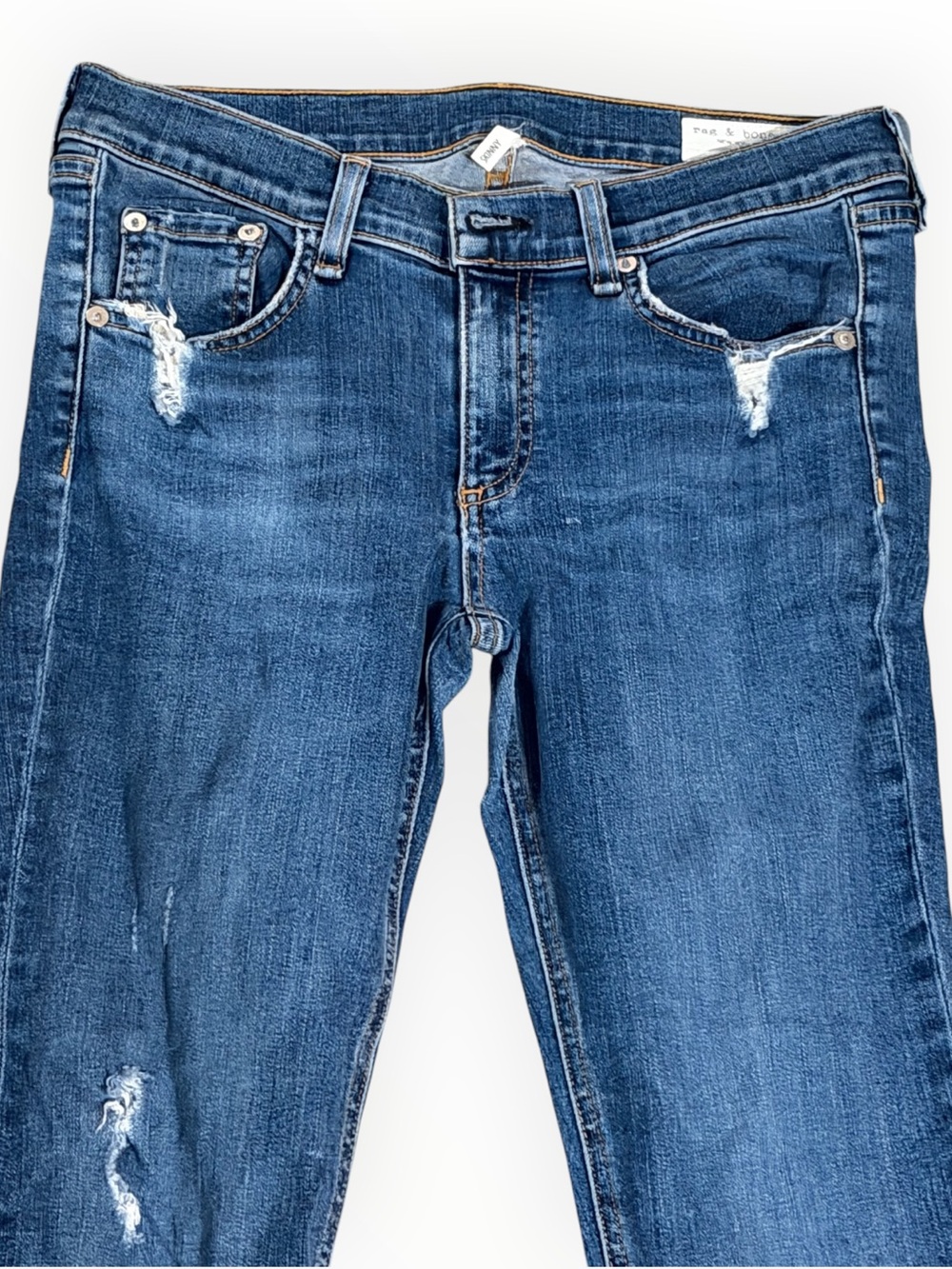 RAG & BONE Skinny Slim Distressed Blue Jeans 28 Raw Hem Ankle Crop Low Mid Rise - Picture 3 of 7